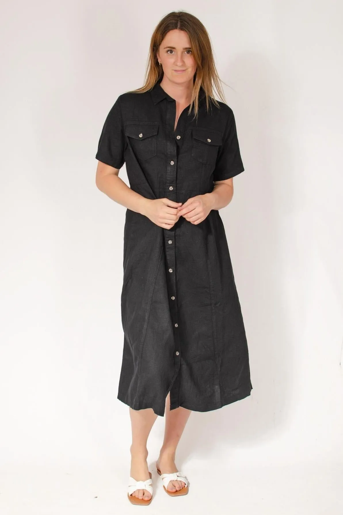 All-day style Soft Material Linen Blend Button Down Dress
