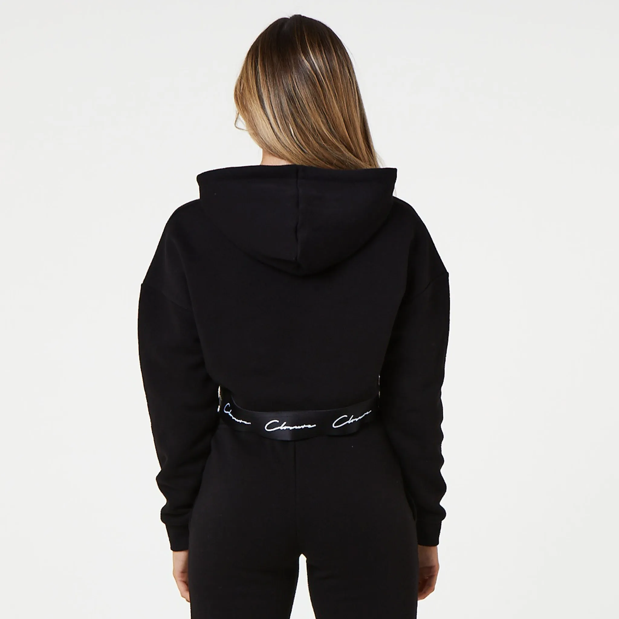 Lounge Fit Trendy Outfit Logo Band Cropped Hoodie | Black
