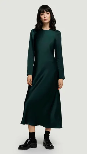 Calm Texture Longsleeve Bias Dress in Silk Charmeuse | Deep Forest