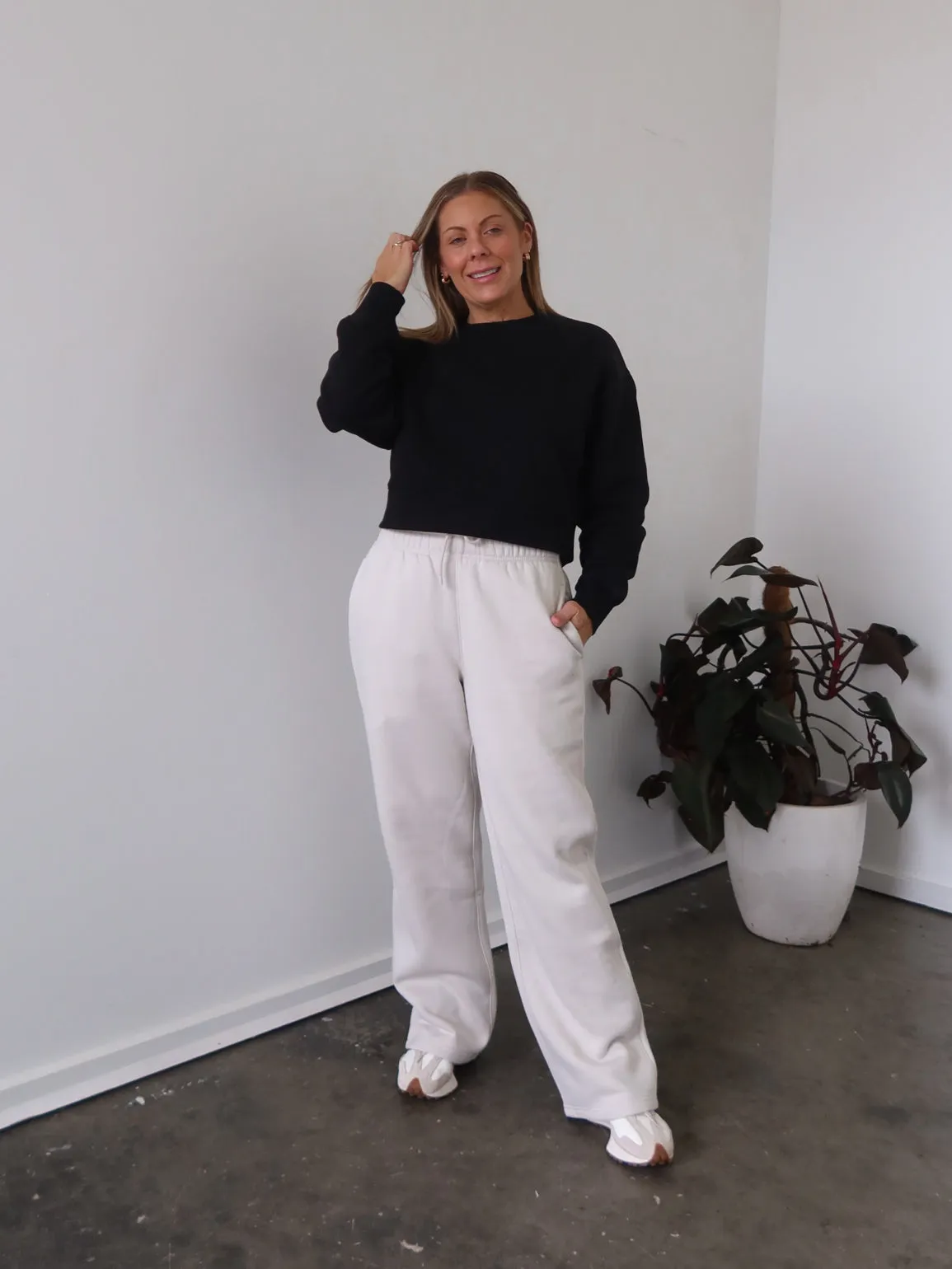 Chase Wide Leg Track Pants - Bone Flexible Waistband