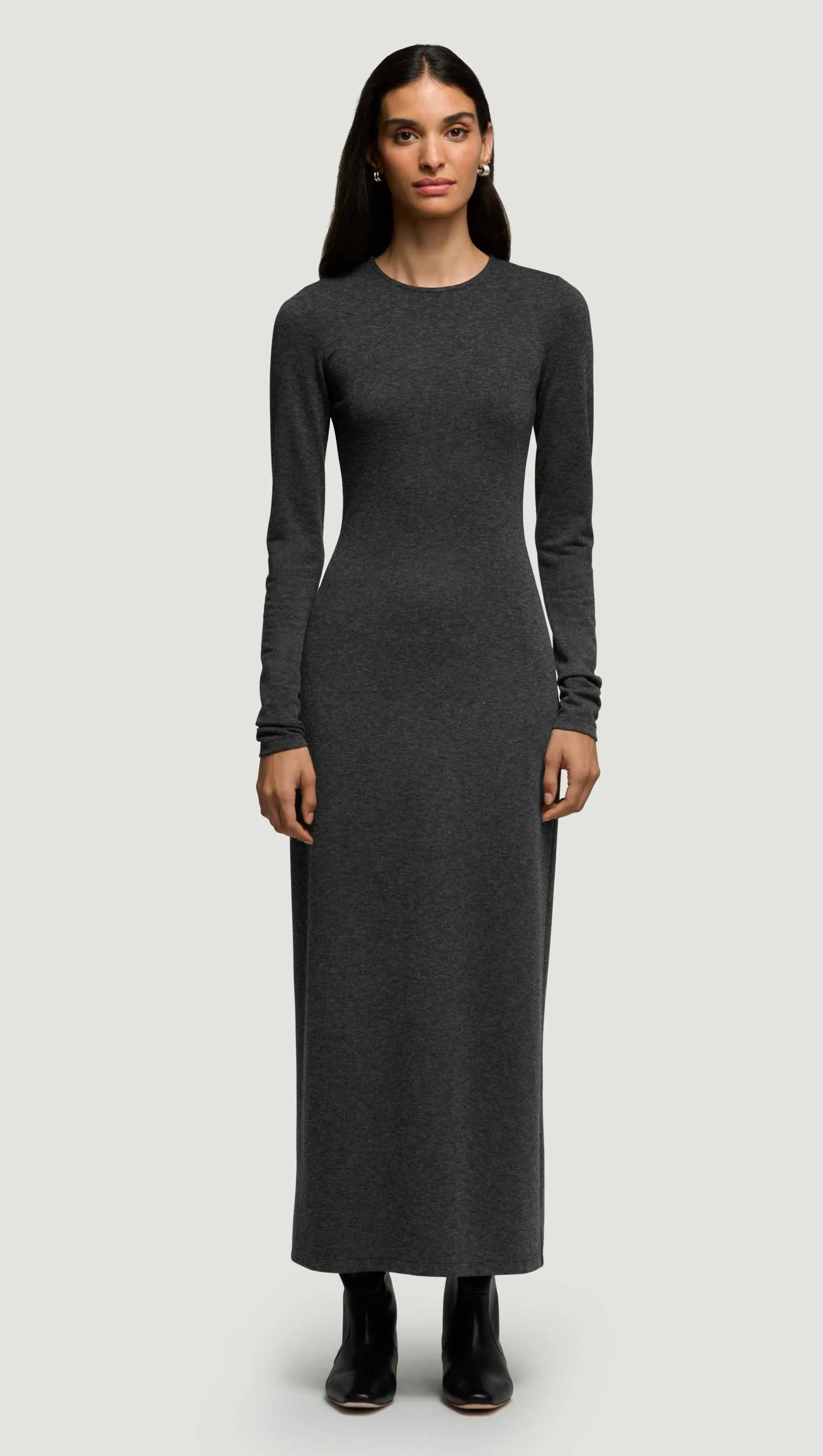 Elegant brunch outfit ConvertibleNeckline Crewneck Dress in Wool Jersey | Dark Grey Melange