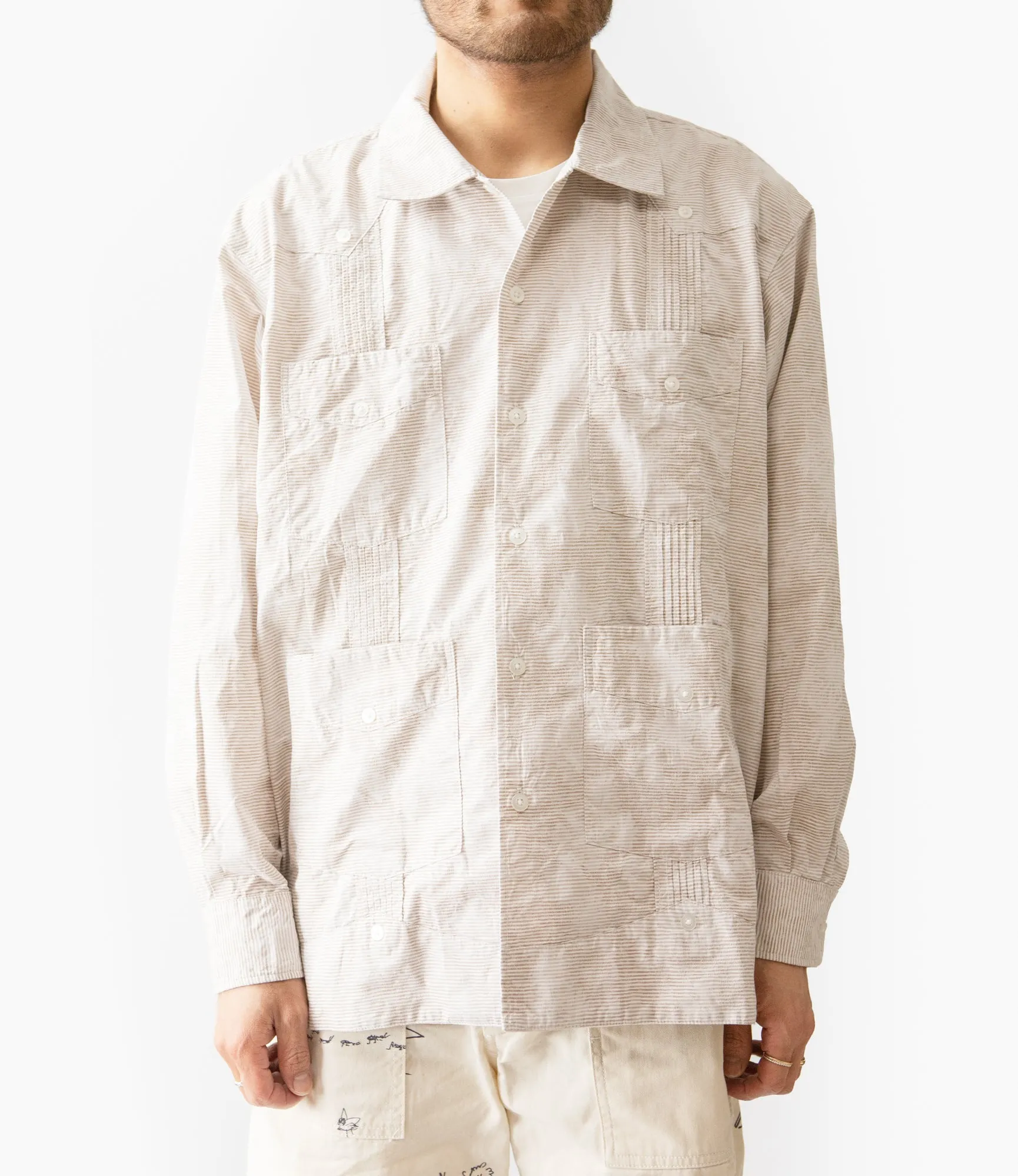 Guayabera Shirt ?C?Khaki Floral Jacquard Striped Dobby Stretch Material