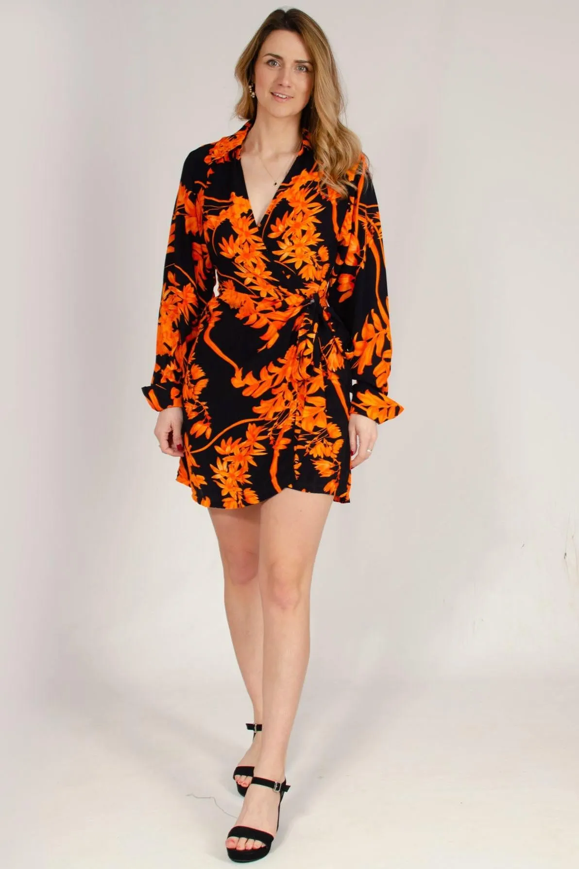 Orange Black Floral Short Wrap Dress Simple Form