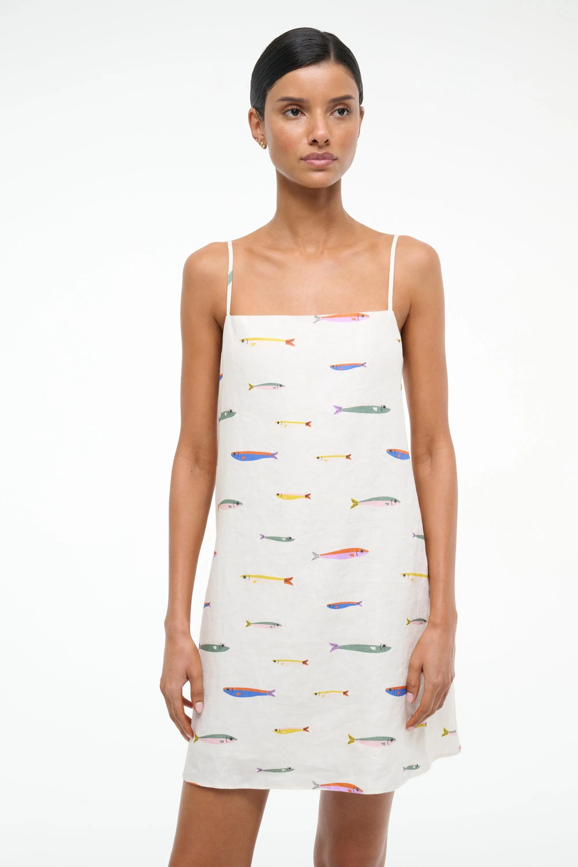 LAURA LINEN MINI DRESS | POP SARDINES IVORY Back-Zip Youthful Look