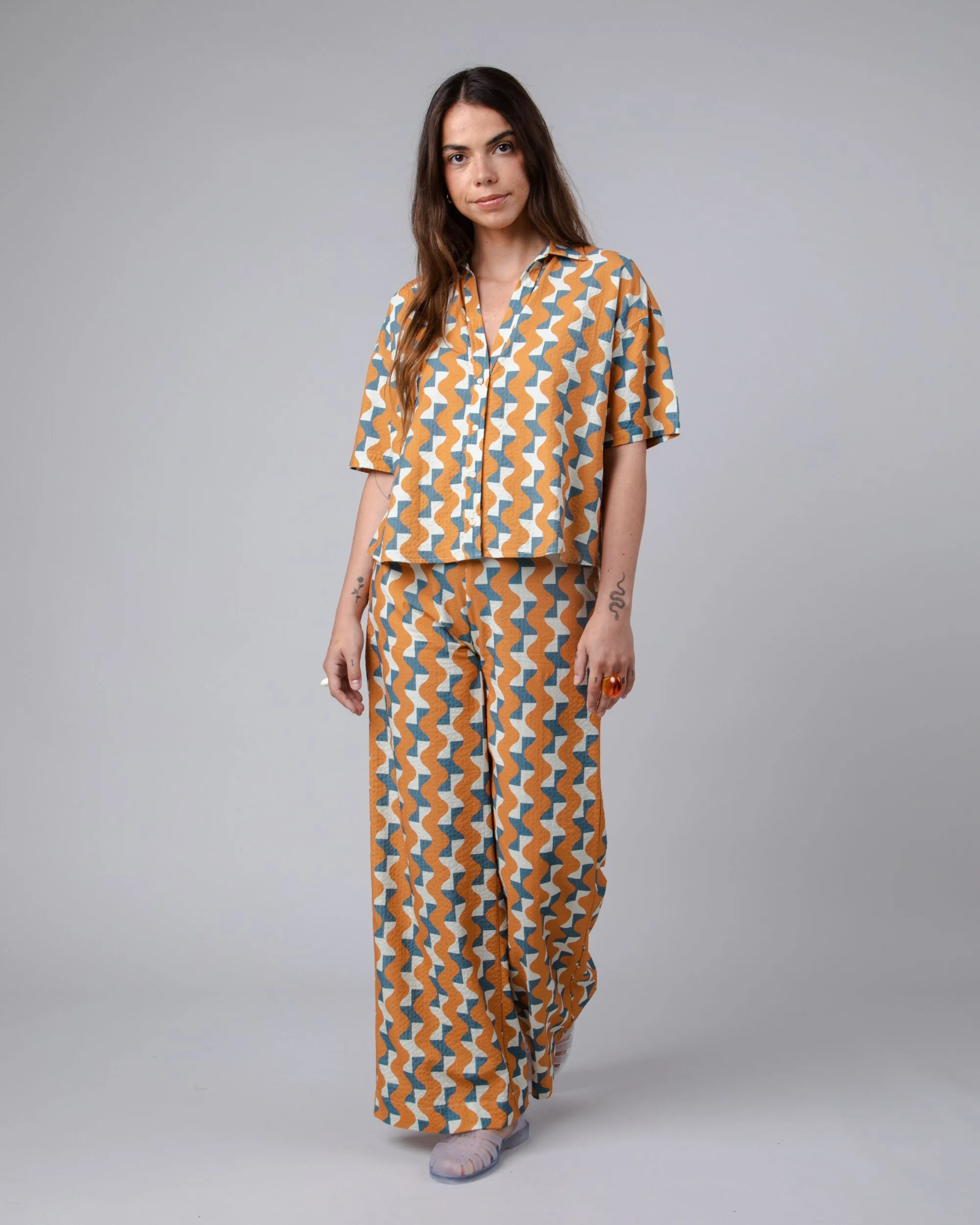 Big Tiles Cropped Blouse Ochre Non Restrictive Fit