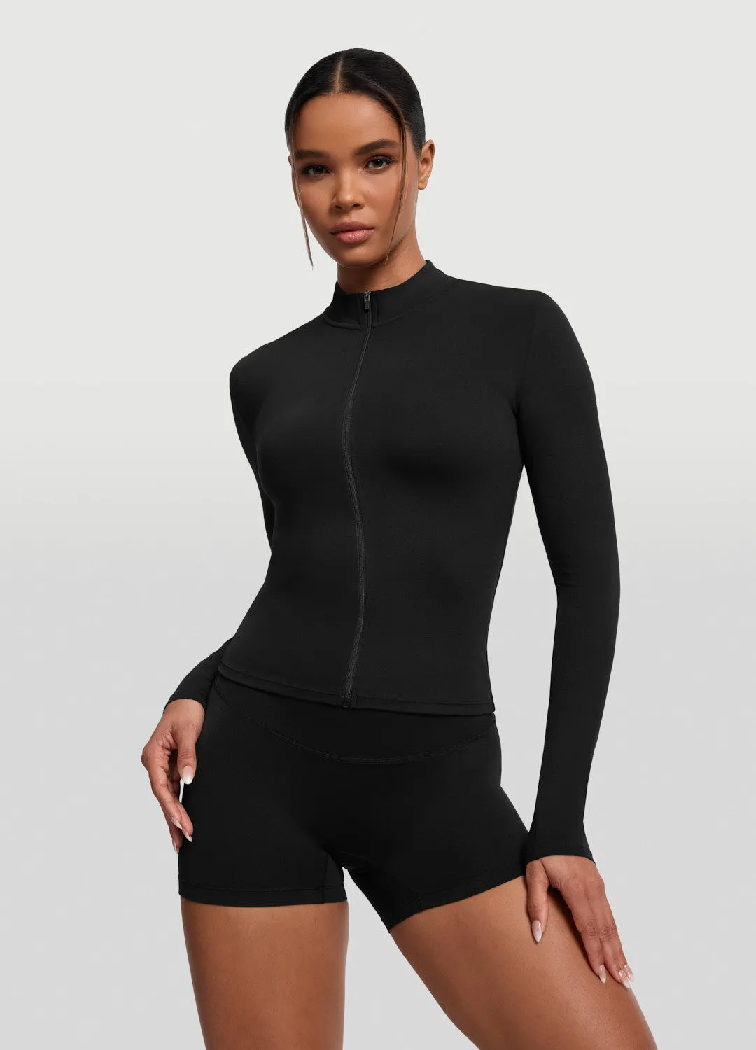 Sleek Zip-Up Long Sleeve Jacket Everyday Comfort Style V-Neck