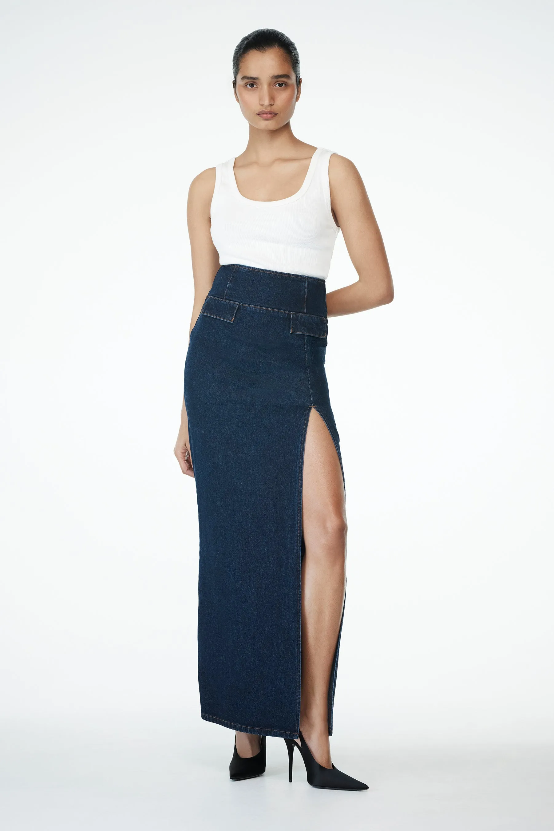 Anti Bacterial Treatment Function Ready Maylena High Rise Denim Maxi Skirt - Indigo Blue