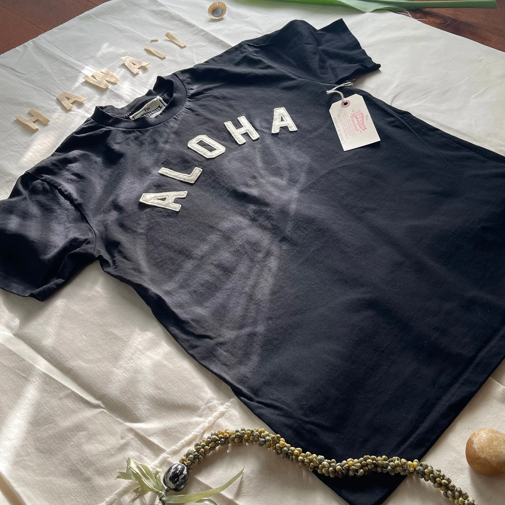 Autumn Wear Mens Cotton T-Shirt in Black x Aloha applique