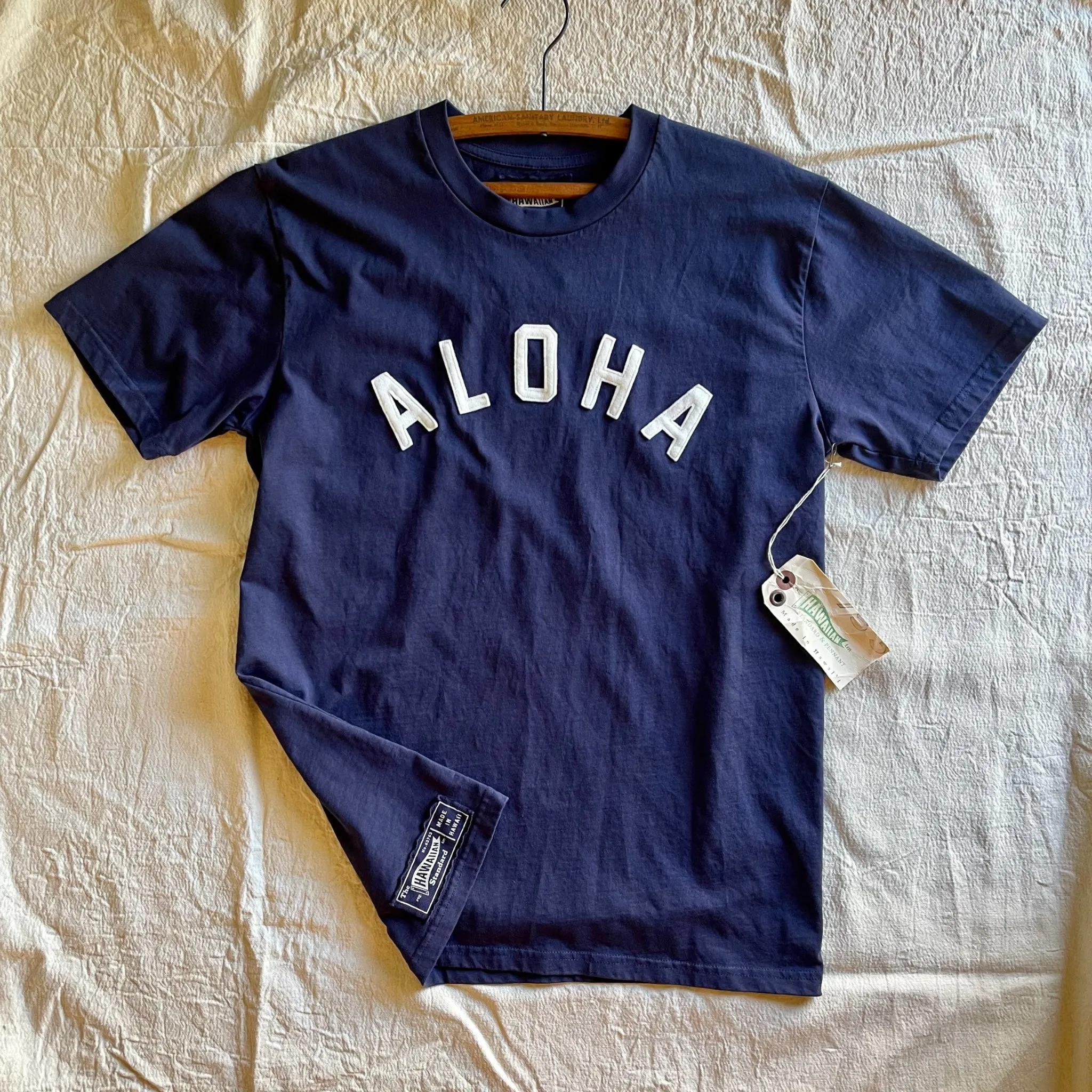 Soft Stretch Fit Mens Cotton T-Shirt in Navy x Aloha applique