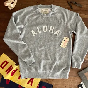 Mens Raglan Fleece Grey Heather x Ivory Aloha applique Casual Fashion Tight Fit