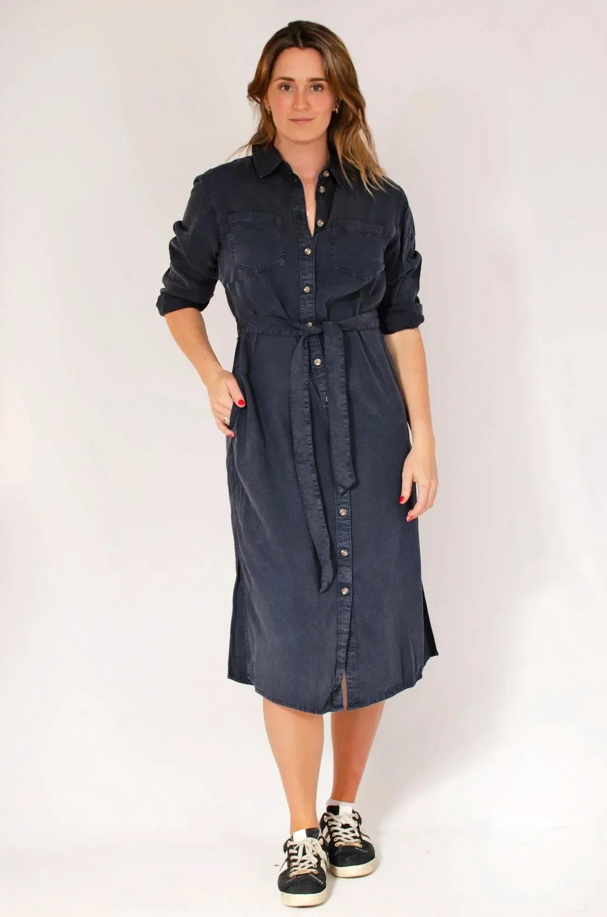Eco Friendly Midi Shirt Dress with Tie Waist