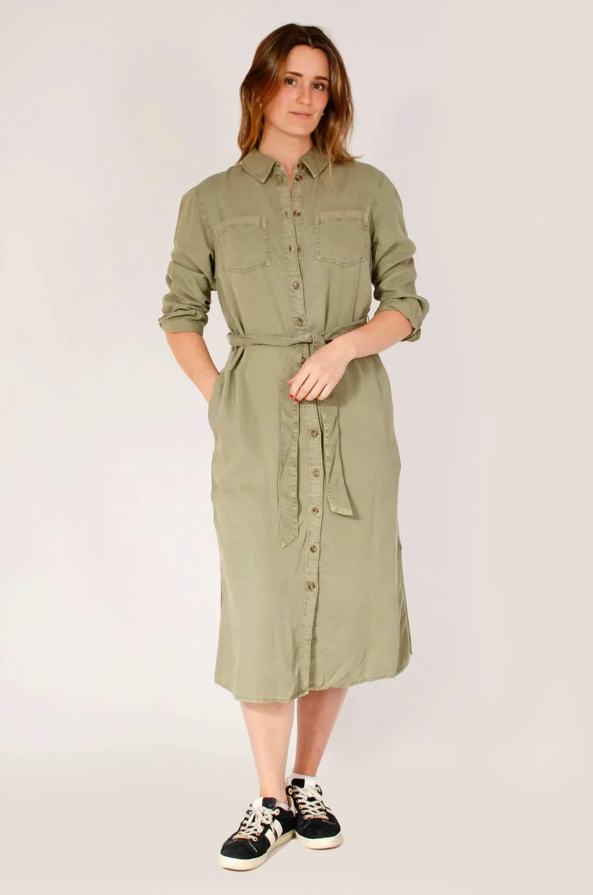 french chic Light Volume Midi Shirt Dress with Tie Waist