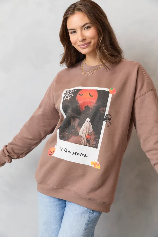 'Tis The Season Halloween Photo Print Mocha Graphic Sweatshirt SALE Breathable Cotton Fabric Breezy Comfort