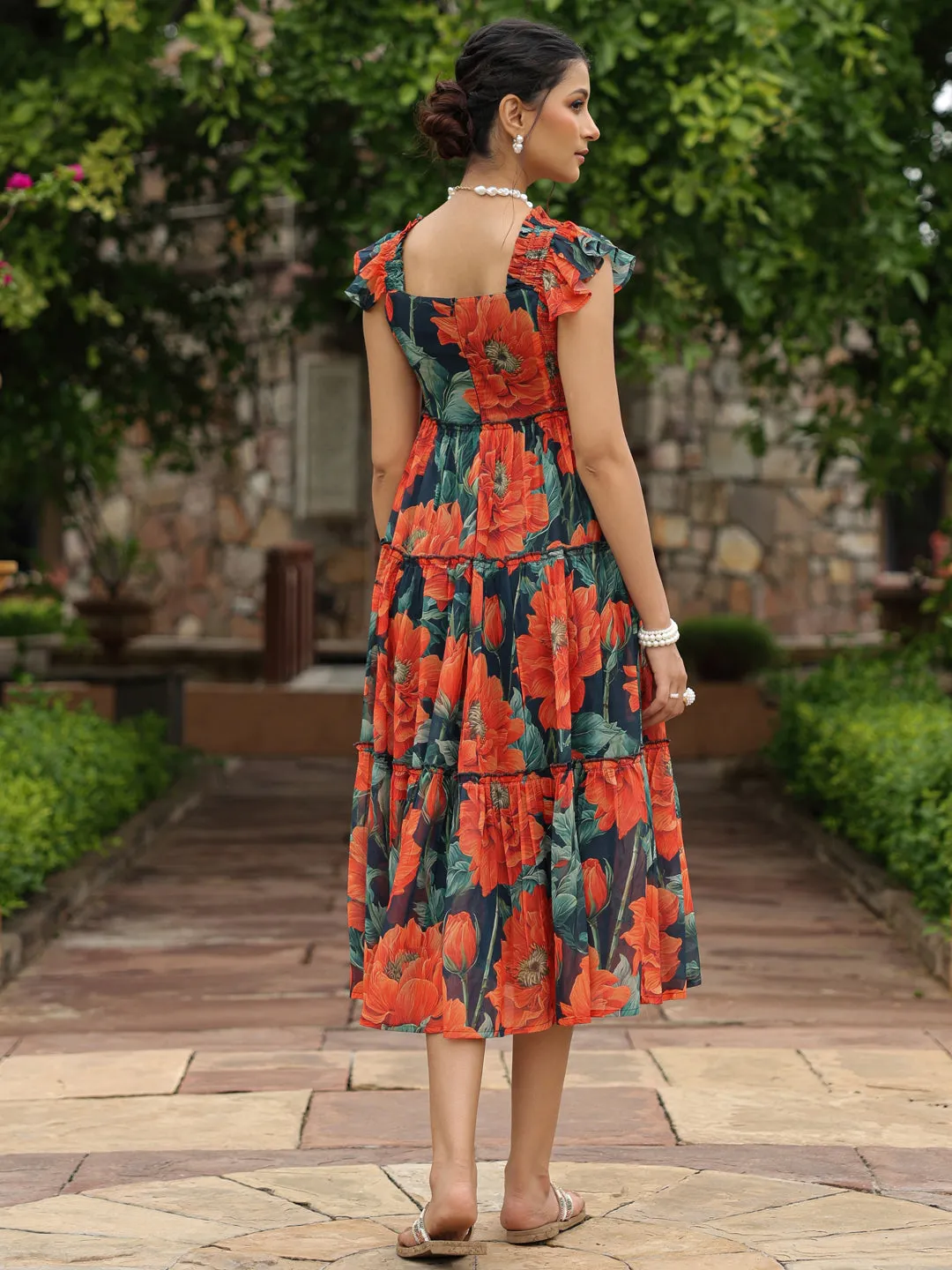 Women's Fit and Flared Floral Dress Smart Waistband Design Rose Flush