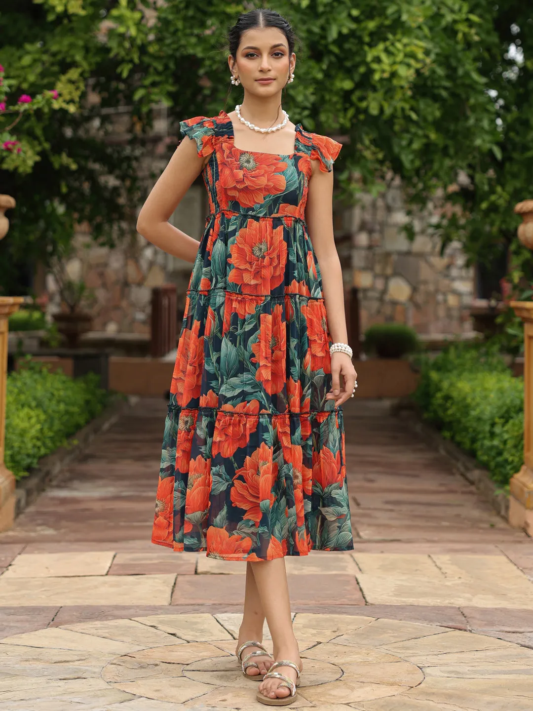 Women's Fit and Flared Floral Dress Fit Mood Winter Layering