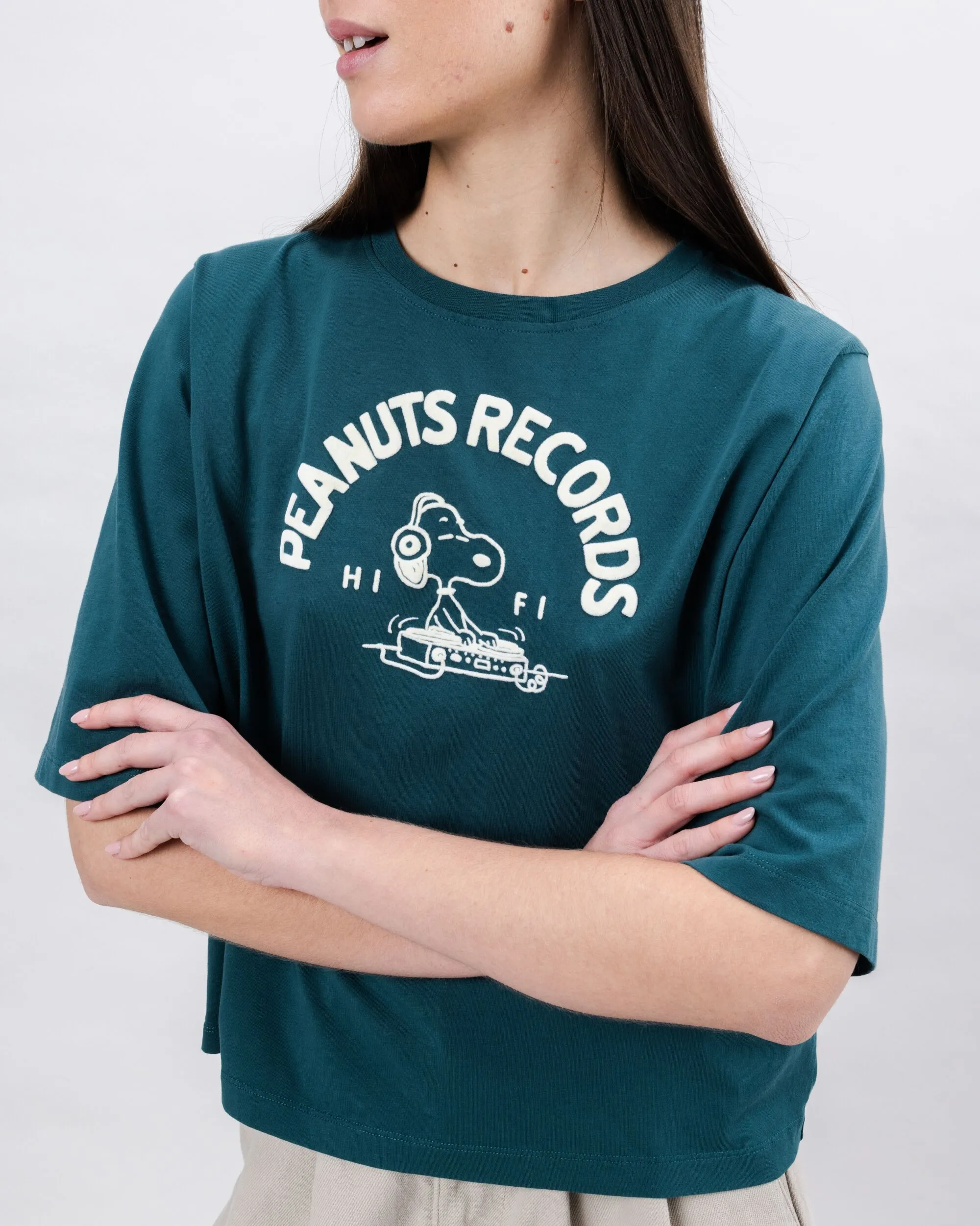 Peanuts Records Squared Tee Green print design