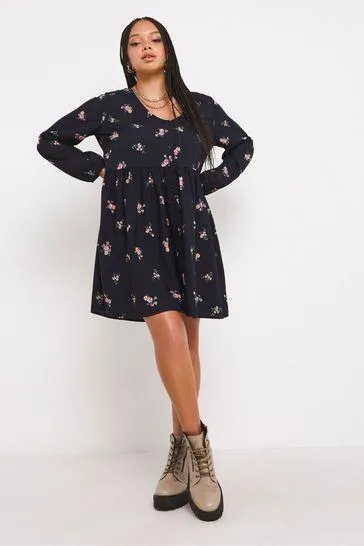 Timeless fitted silhouette Chic Tailoring Navy Floral Print Smock Dress