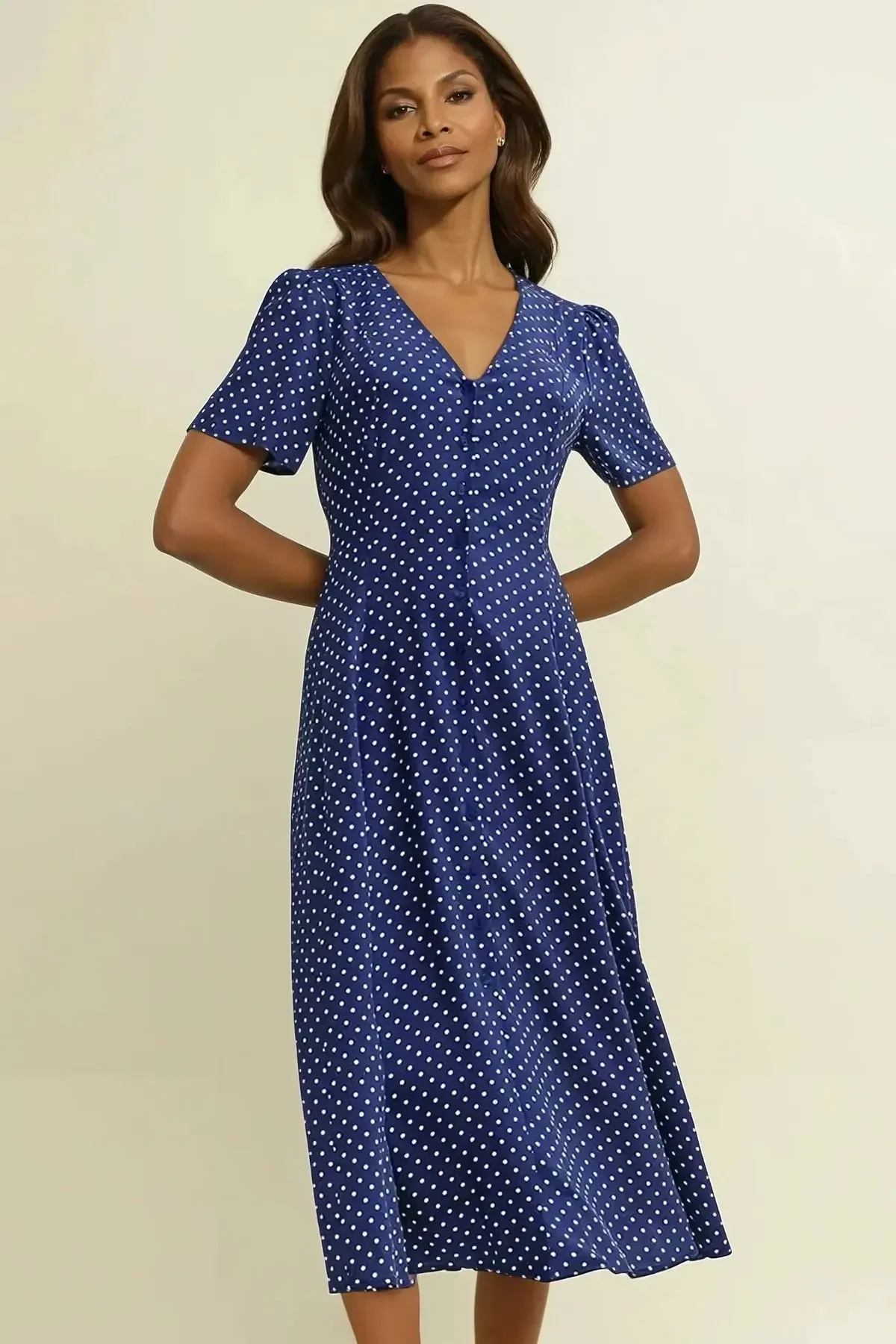 Navy Polka Dot Midi Dress Vibrant Movement Soft Drape