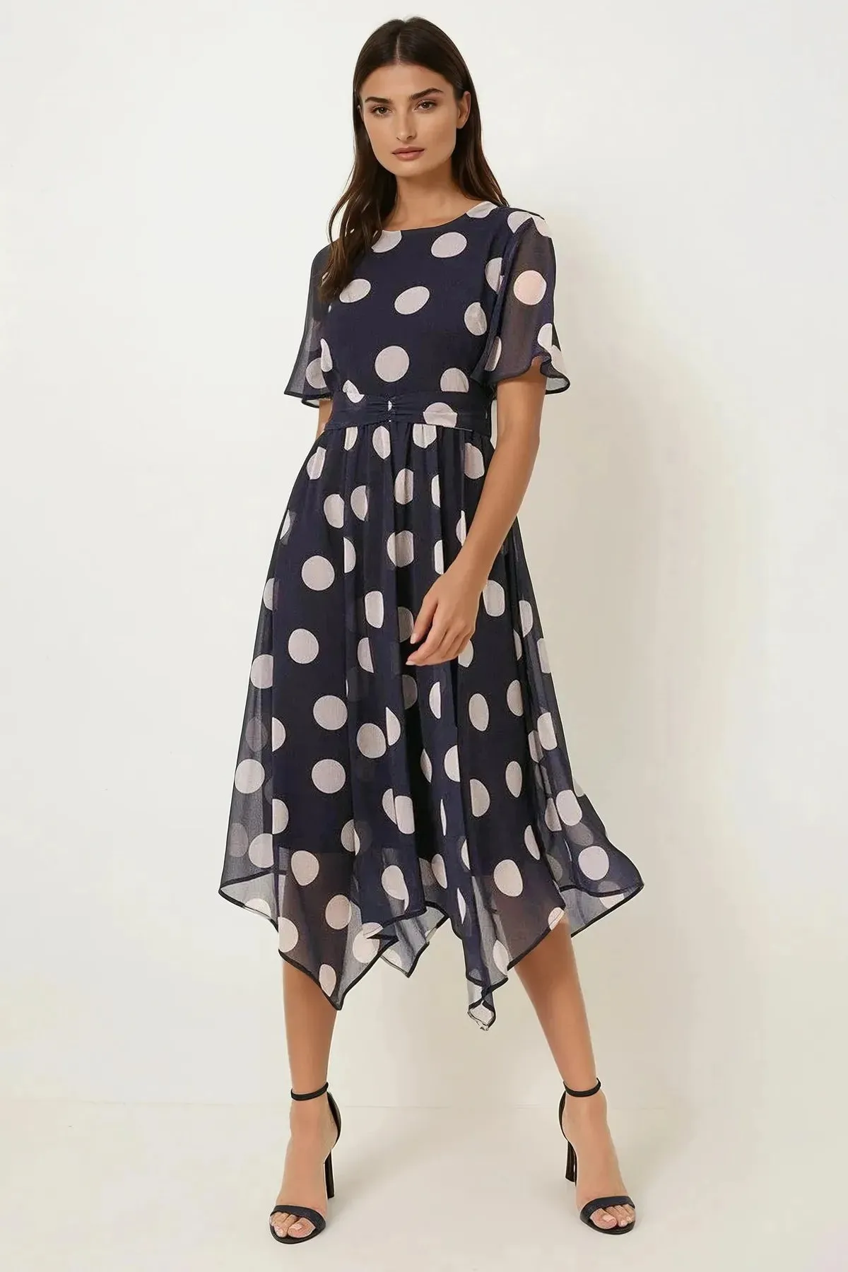Navy Spot Chiffon Twist Front Midi Dress Linen Vibe