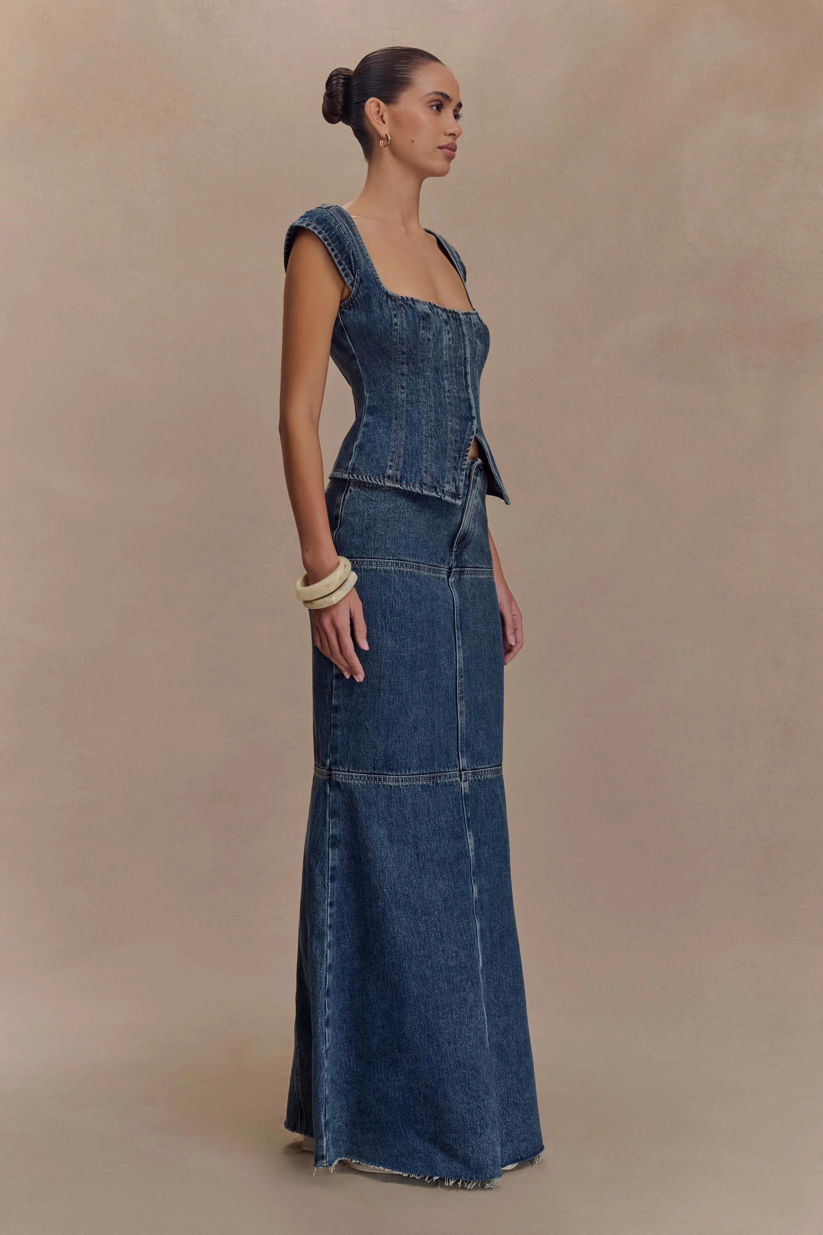 Durable piece Nature Lover Gym Ready Music Event Loretta Denim Maxi Skirt - Washed Dark Blue
