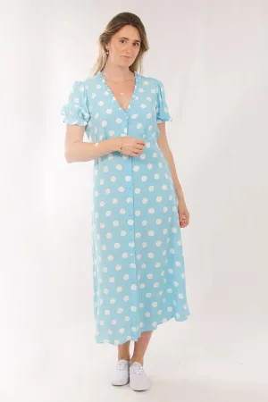 Vintage Style Smooth Design Pale Blue Polka Dot Midi Dress