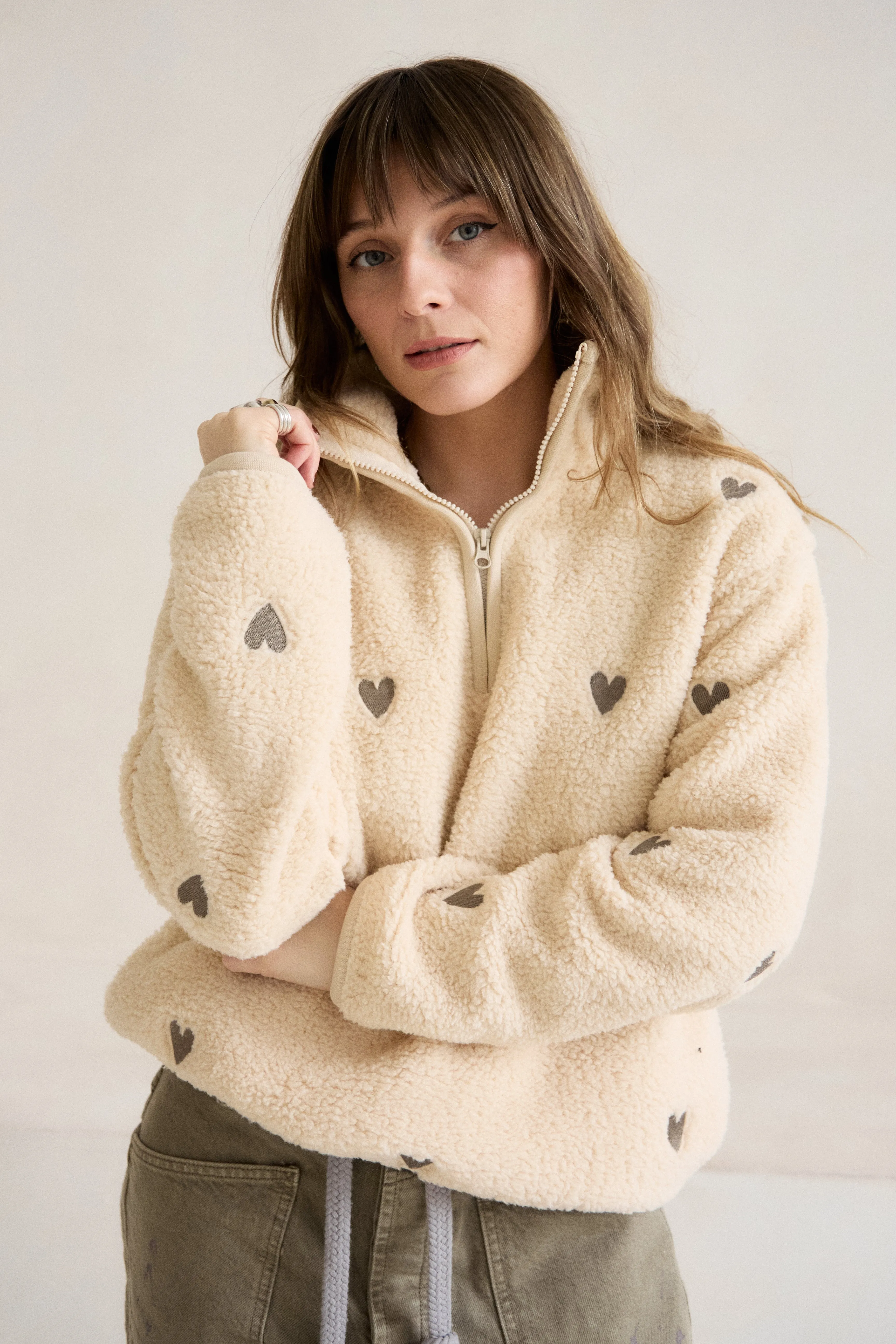 Evening Stroll O&F Oat Heart Embroidered Borg Fleece