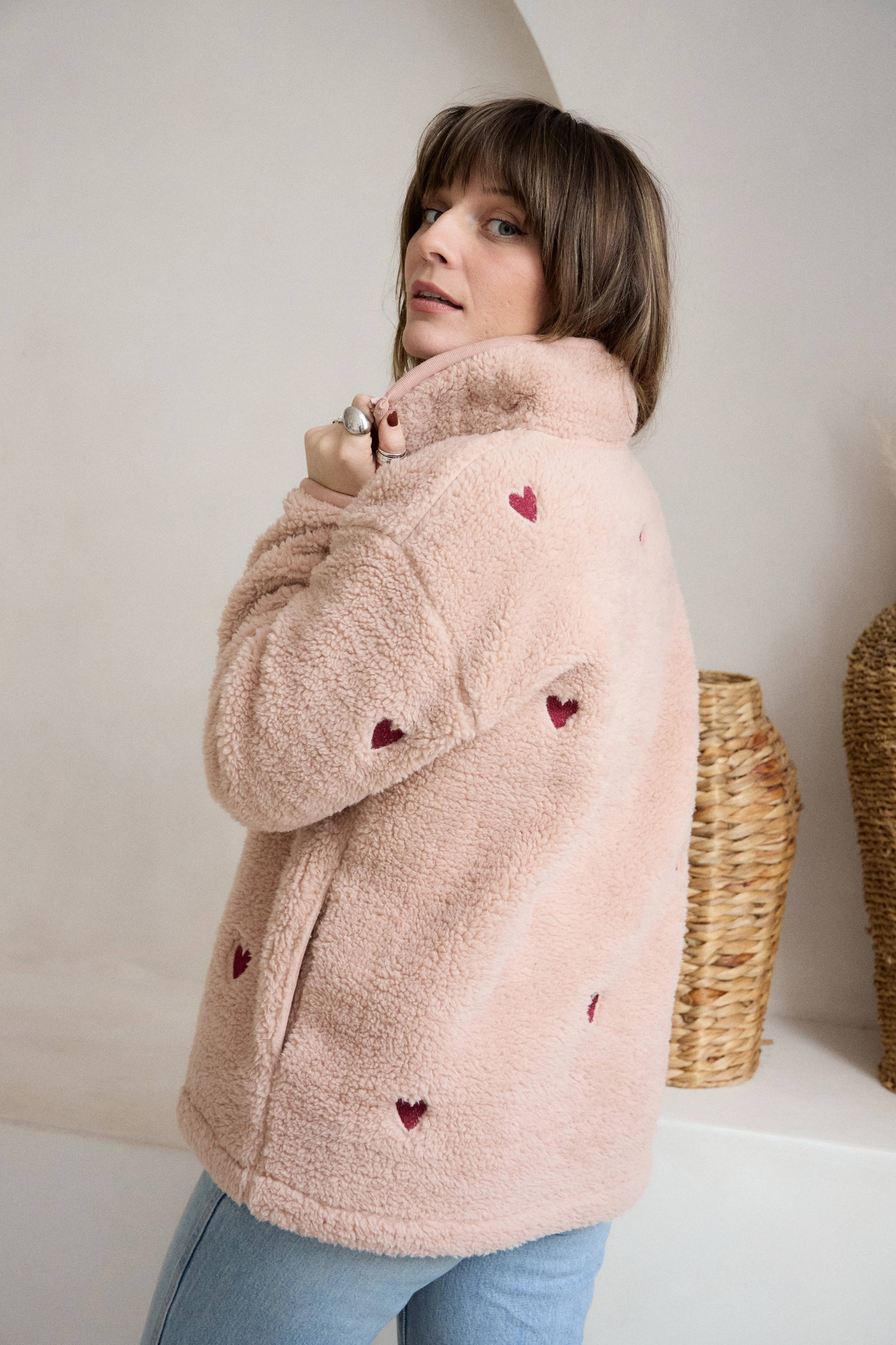 Rugged Look Core Warmth O&F Pink Heart Embroidered Borg Fleece