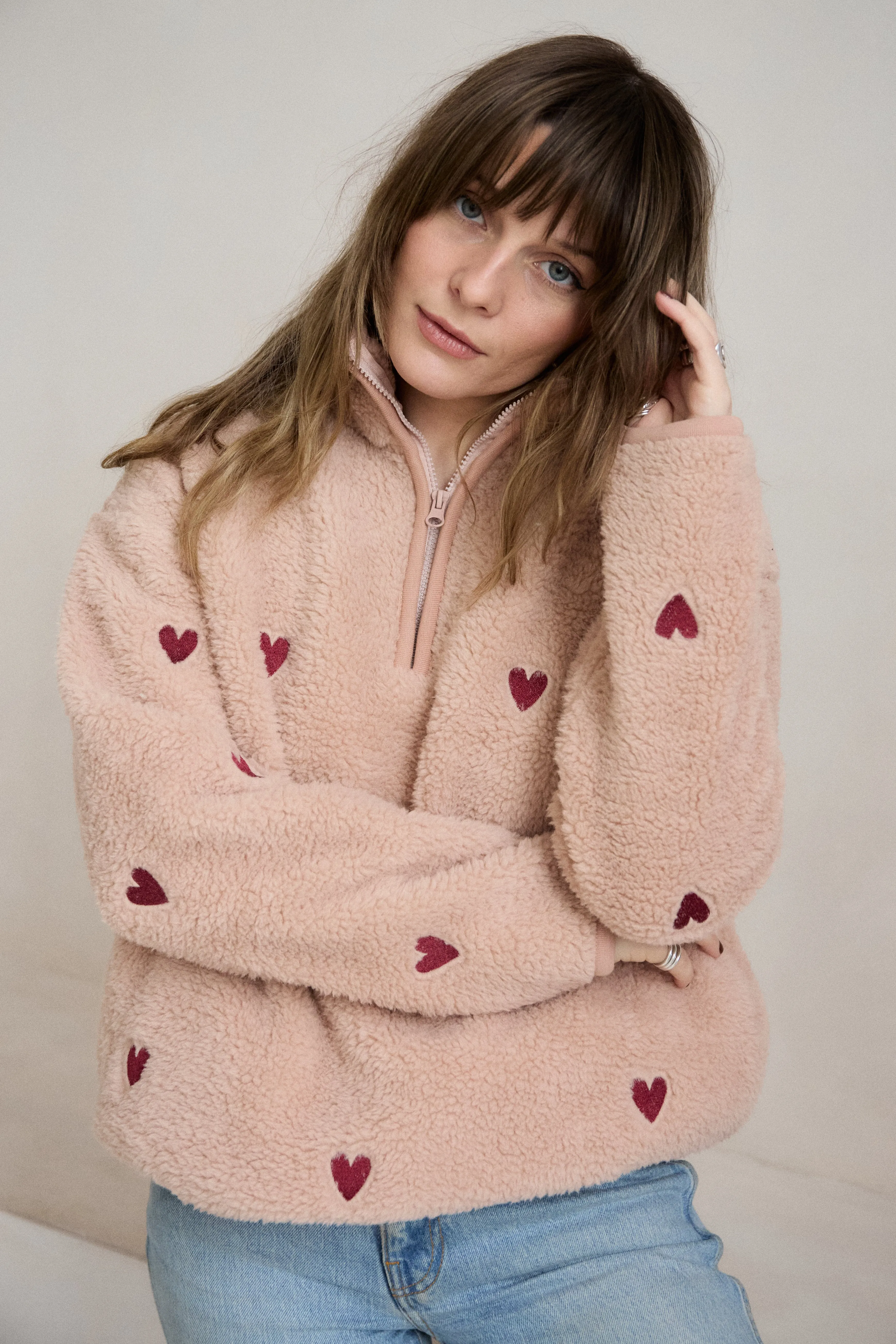 O&F Pink Heart Embroidered Borg Fleece Wind Resistance