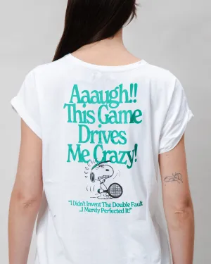 LowImpact Manufacturing Non Toxic Printing Peanuts Tennis Double Fault Snoopy Scoop Tee White