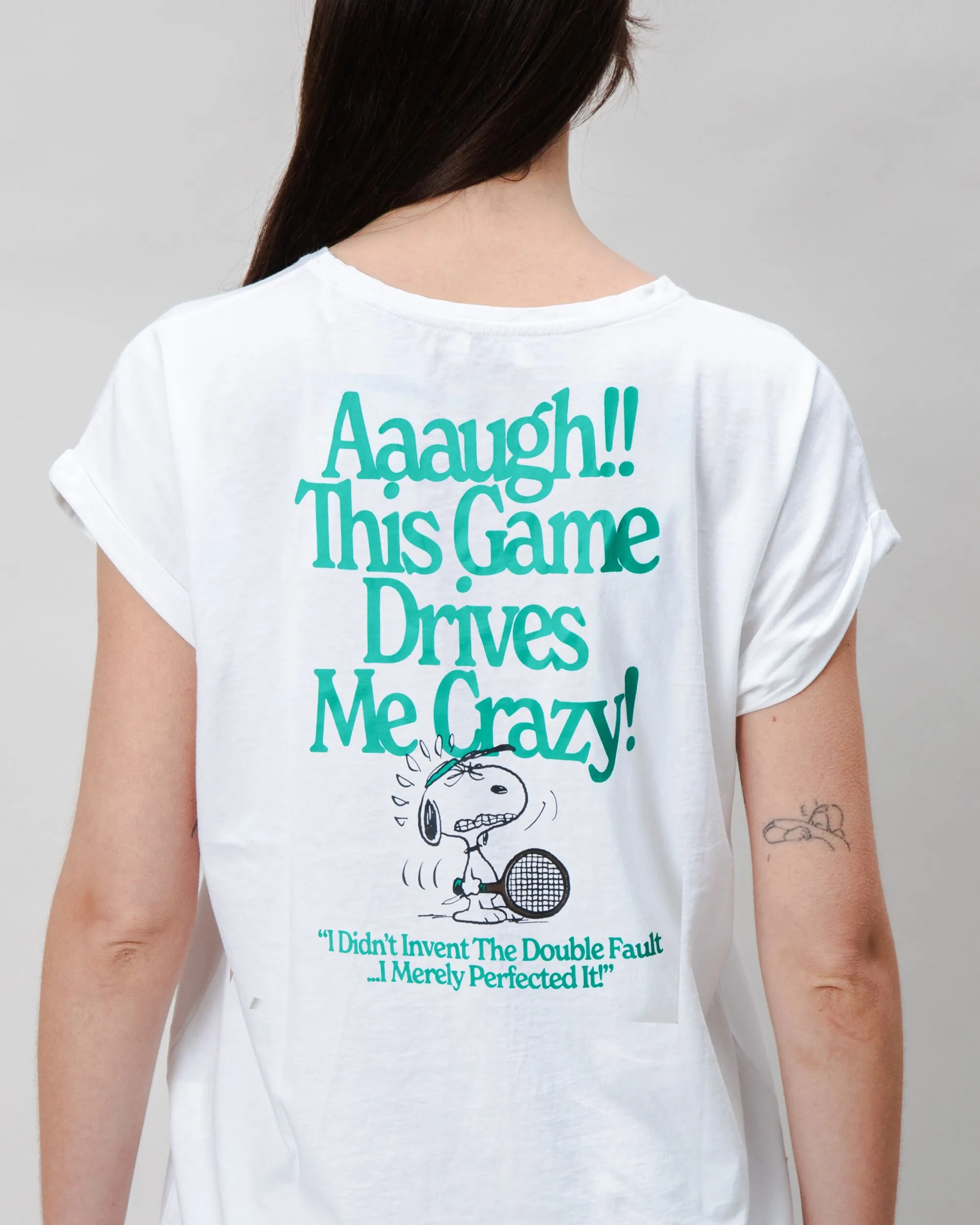 LowImpact Manufacturing Non Toxic Printing Peanuts Tennis Double Fault Snoopy Scoop Tee White