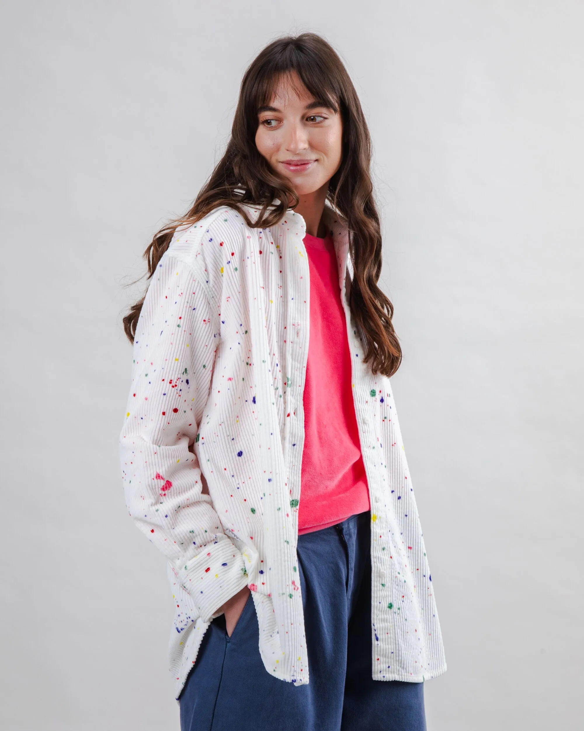 Street Trendy Double Stitched Hem Splash Paint Corduroy Long Overshirt