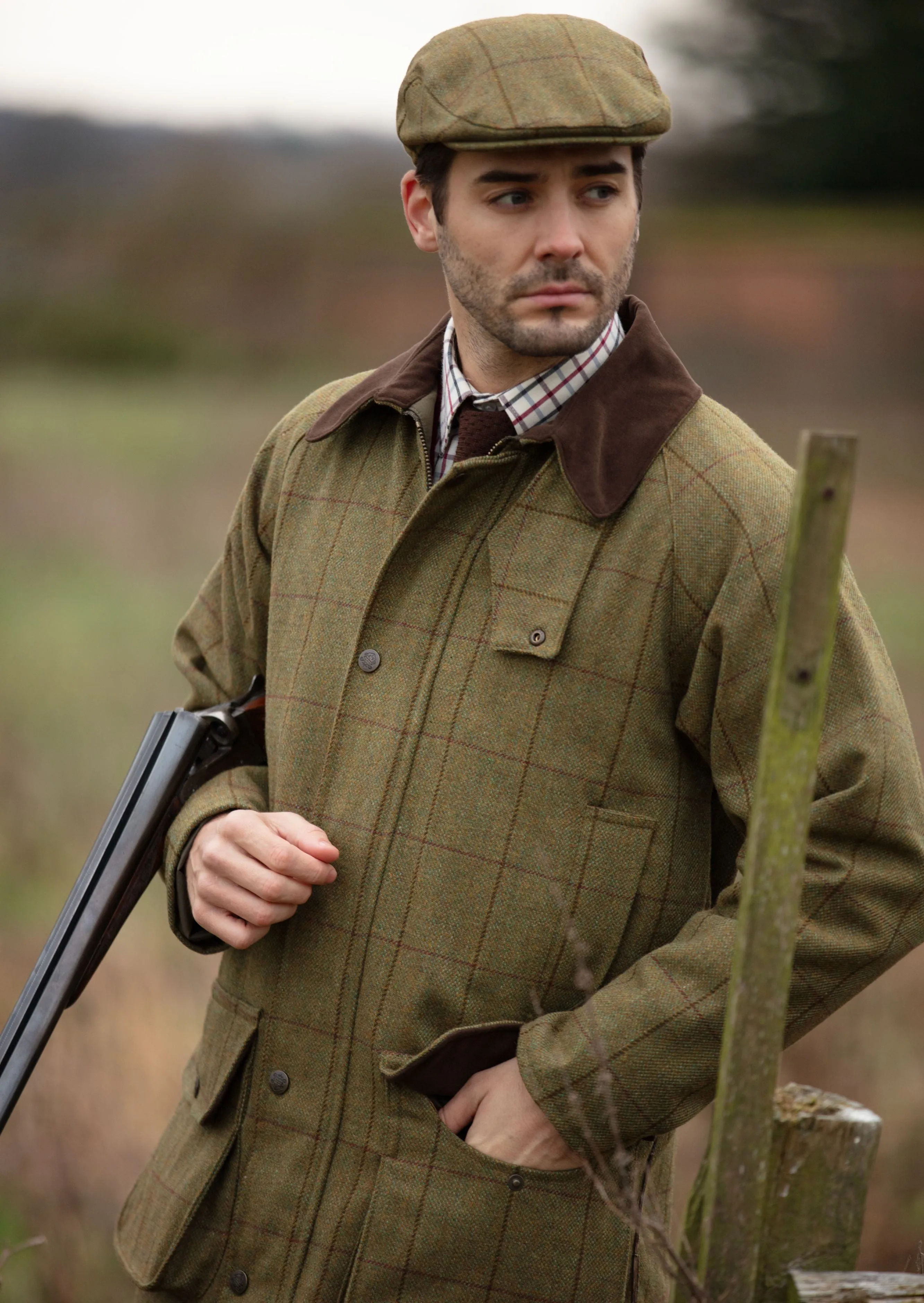Pastel Shade Rutland Men's Tweed Waterproof Shooting Coat In Lichen - Regular Fit
