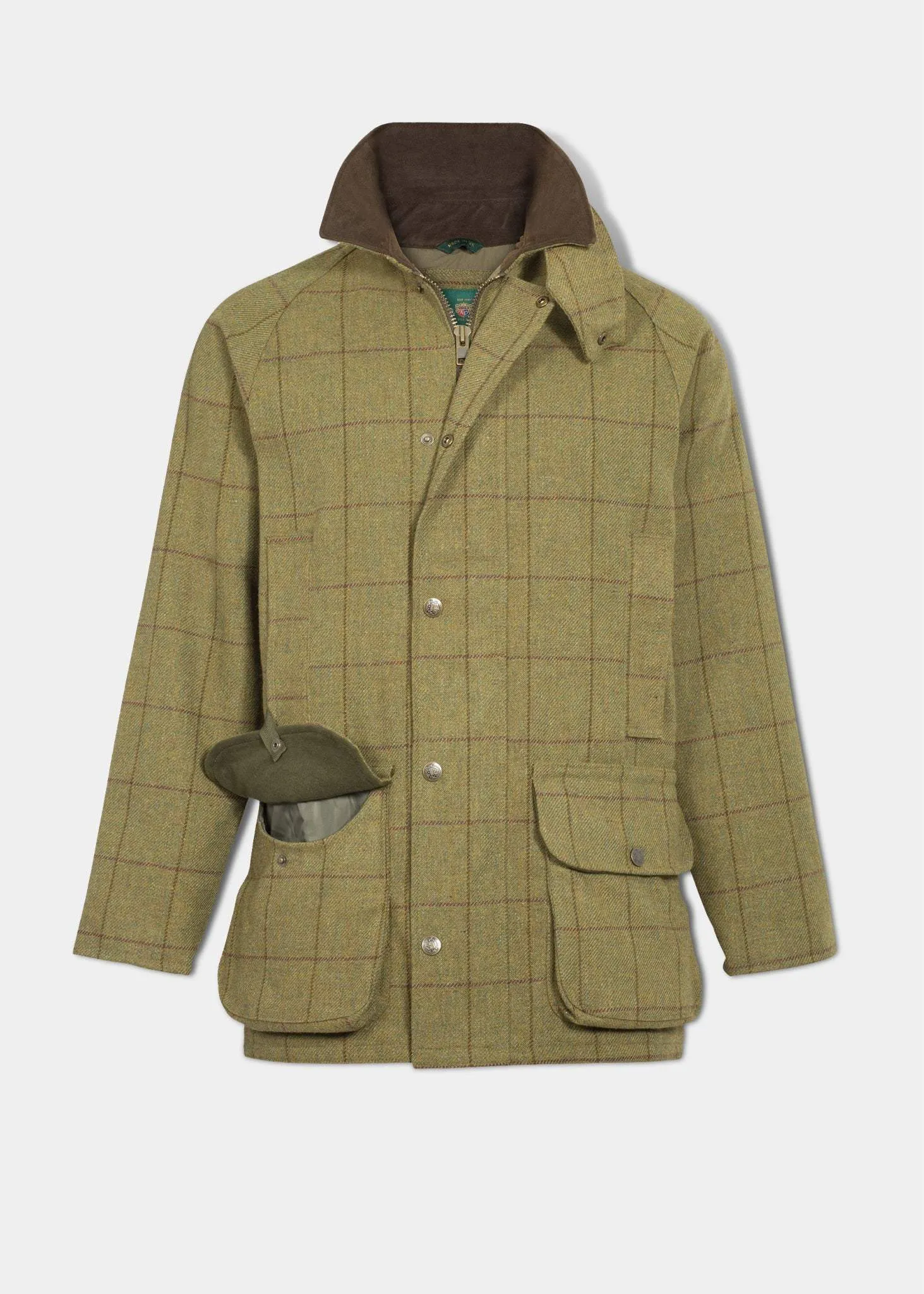 Subtle Color Tone Temperature Regulating Lining Rutland Men's Tweed Waterproof Shooting Coat In Lichen - Regular Fit