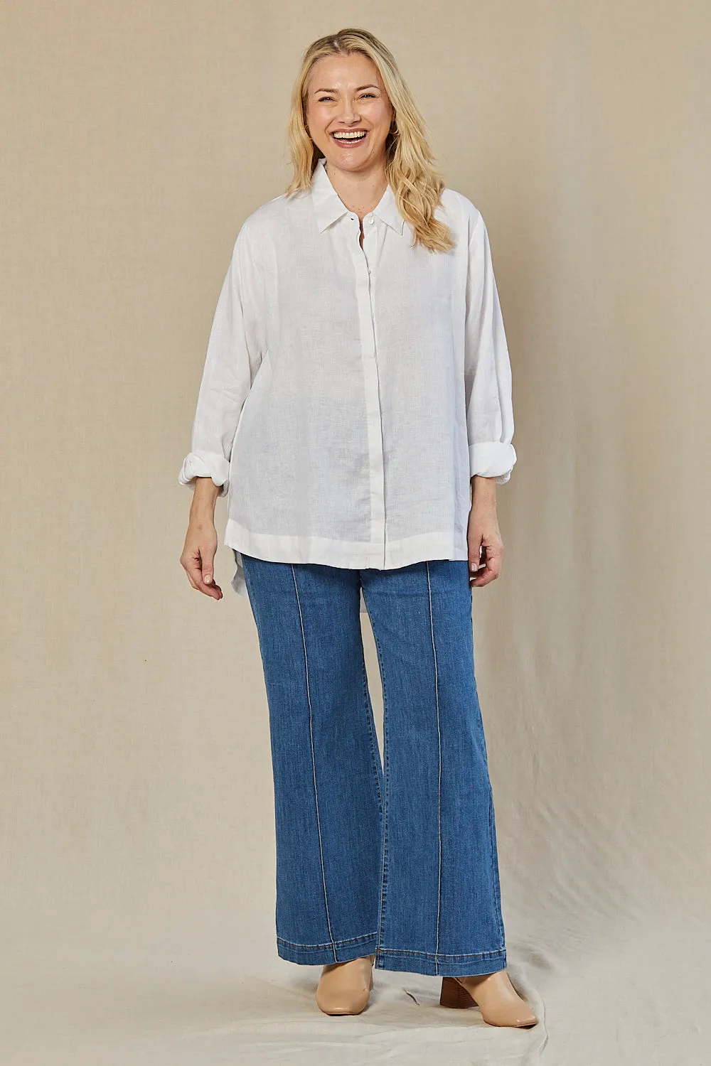 Light Flex Fit Casual Comfort Layer Oversized Linen Boyfriend Shirt in White