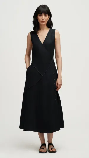 Cold-Shoulder Patchwork Dress in Viscose Linen Twill | Black