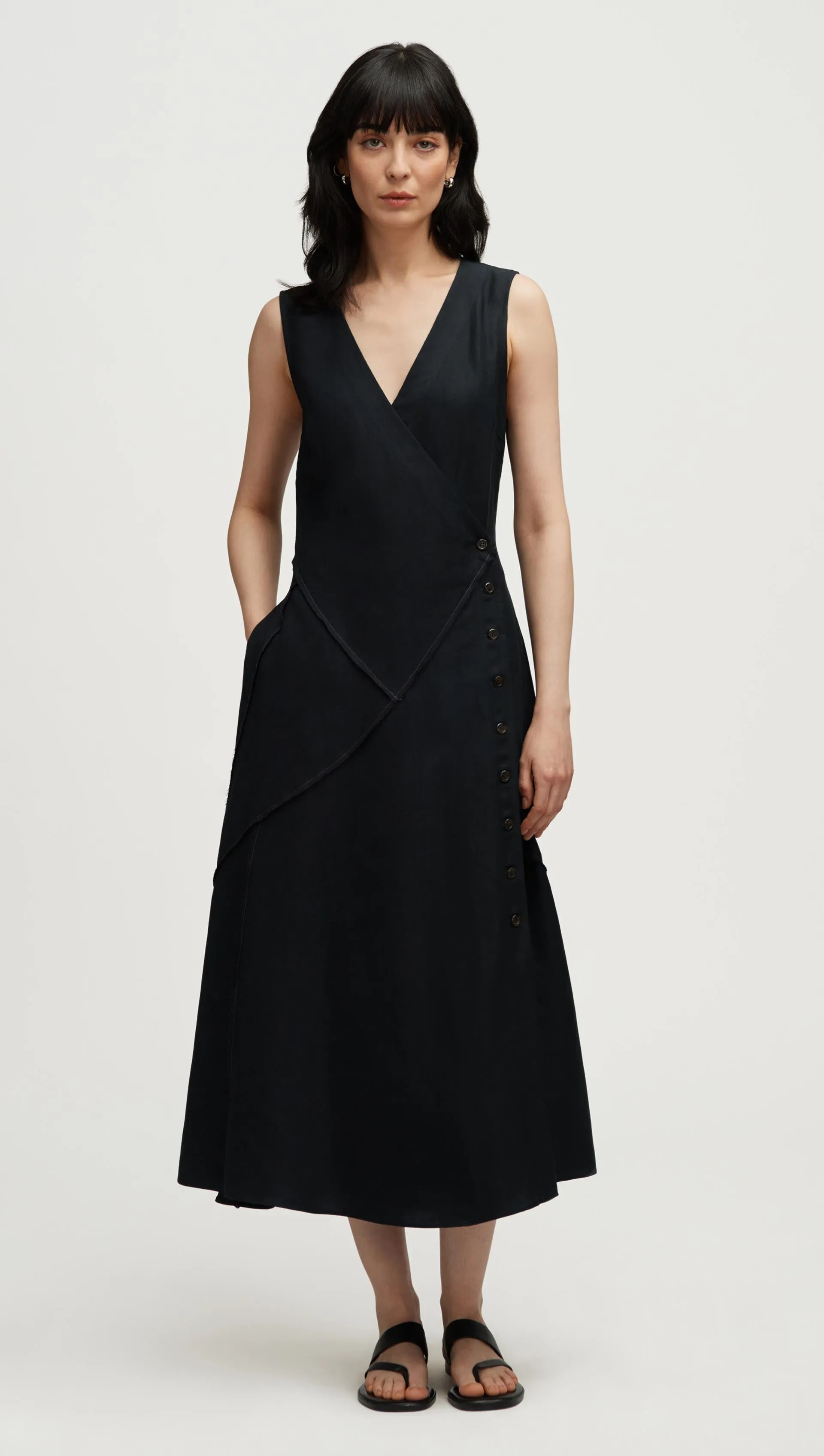 ElasticWaistband Patchwork Dress in Viscose Linen Twill | Black