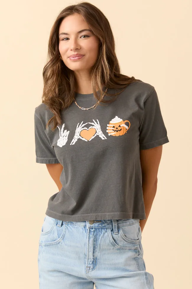 Peace, Love, and Pumpkin Spice Latte Dark Grey Boxy Graphic Tee SALE Limited Edition MinimalBranding