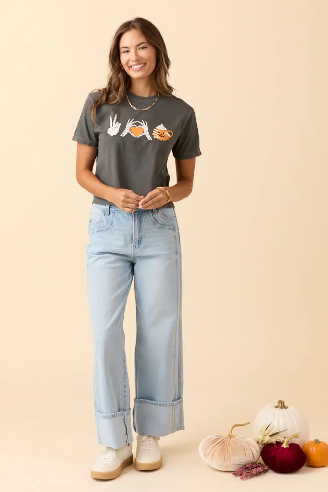 Peace, Love, and Pumpkin Spice Latte Dark Grey Boxy Graphic Tee SALE Ribbed Collar Trim