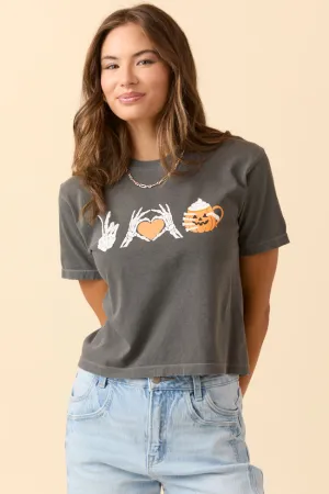Peace, Love, and Pumpkin Spice Latte Dark Grey Boxy Graphic Tee SALE Limited Edition MinimalBranding