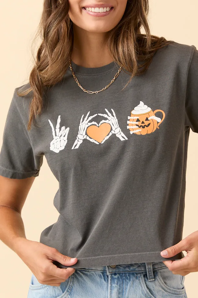 Peace, Love, and Pumpkin Spice Latte Dark Grey Boxy Graphic Tee SALE Eco Certified Fiber All-Weather Wear