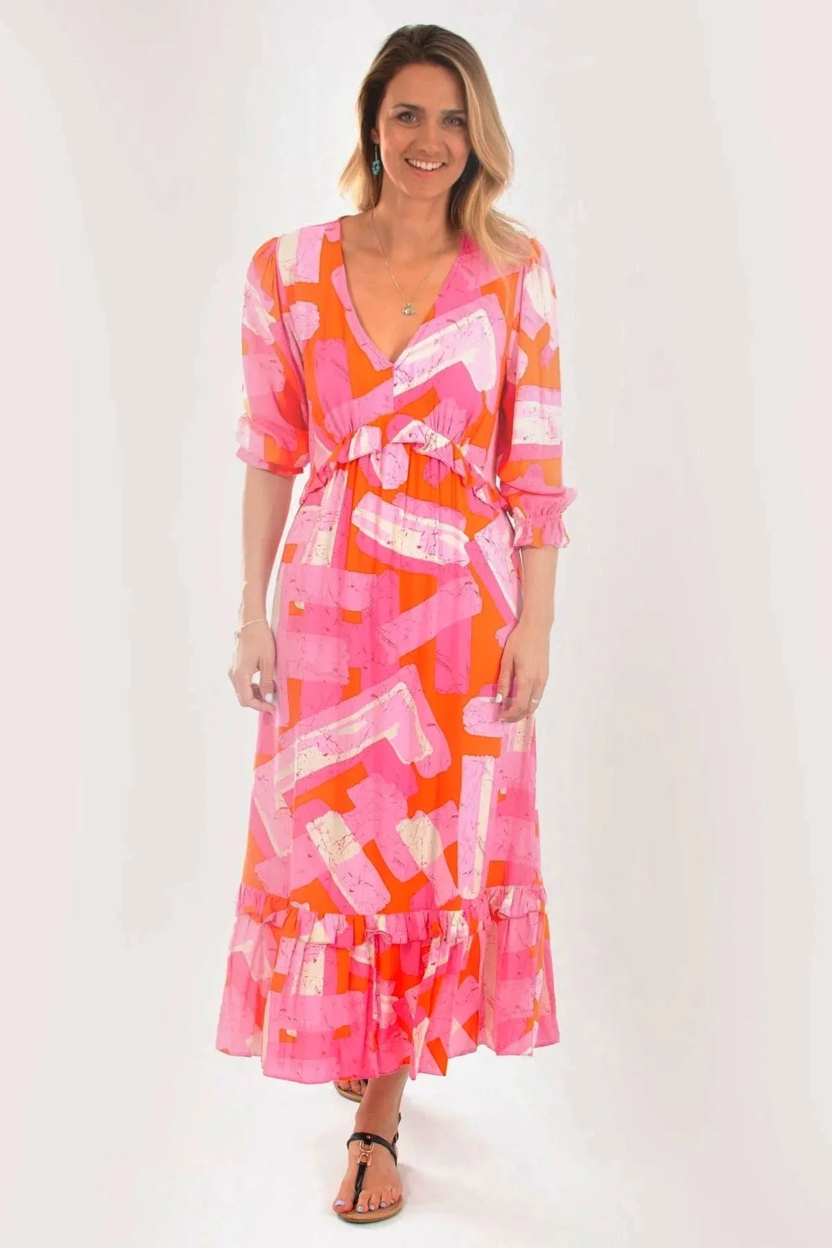 Pure Look Pink High Waisted V Neck Midi Dress