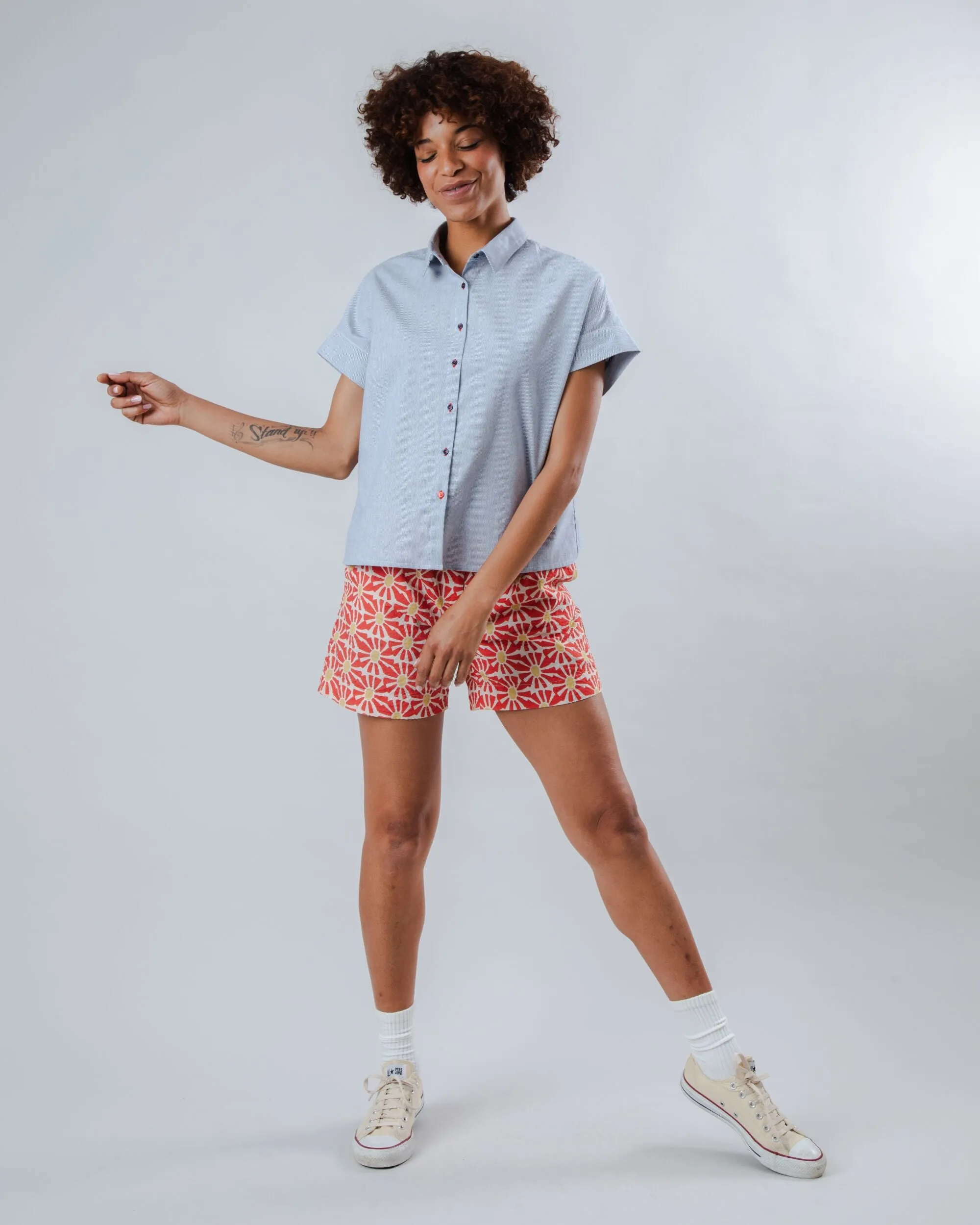 Pinstripes Batwing Sleeve Blouse Blue Breathable Waistband Sleek Waistband