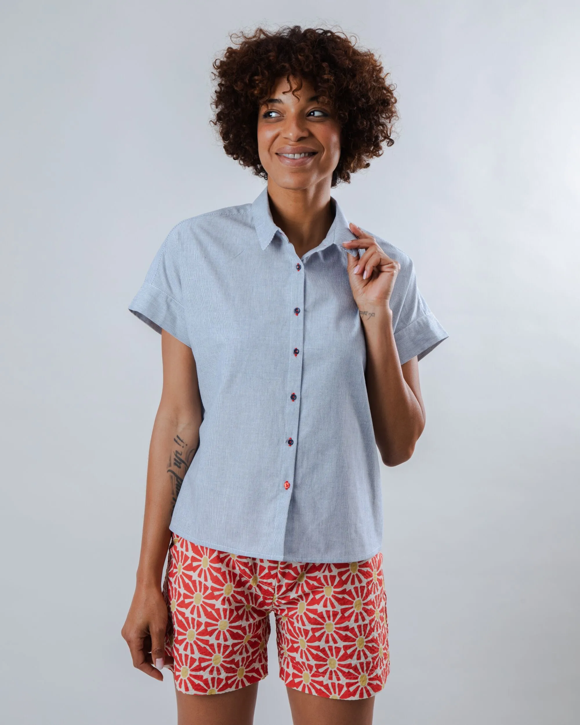 Fashionable Ease Pinstripes Batwing Sleeve Blouse Blue