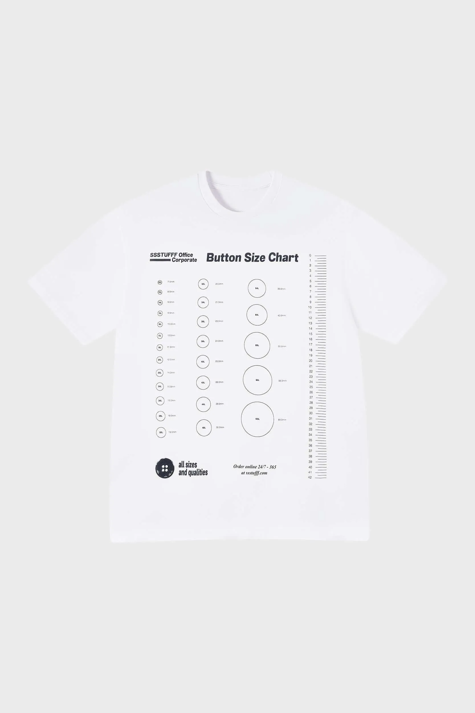 Practical Comfort Universal Silhouette Button Size Chart Tee