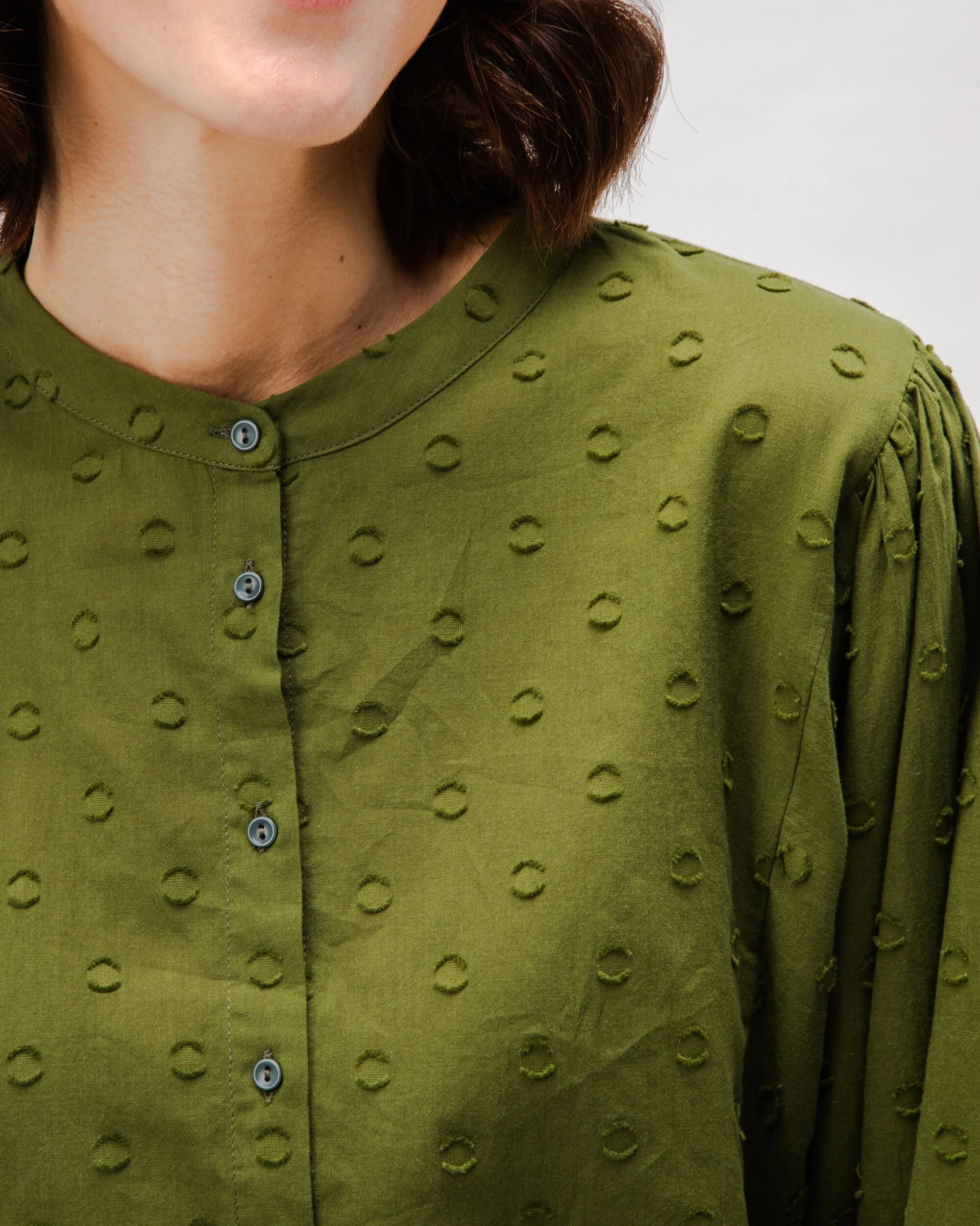 Holiday Wear Polka Dot Romantic Cotton Blouse Green