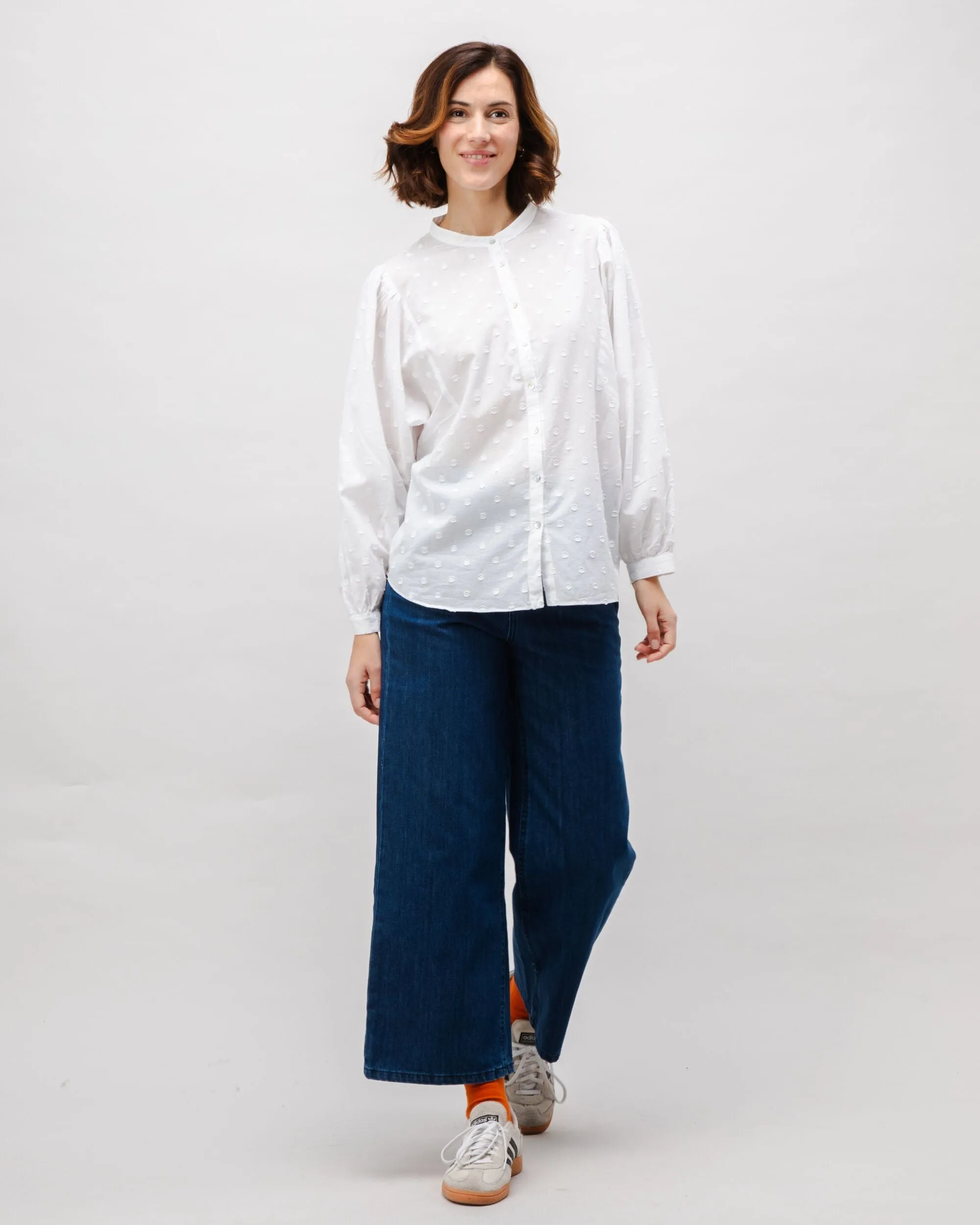 Comfy All-Day Heathered Texture Polka Dot Romantic Cotton Blouse White