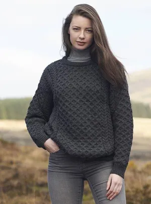 Weekend Relaxed Cable knit Crewneck Jumper 100% Merino Wool (Charcoal)