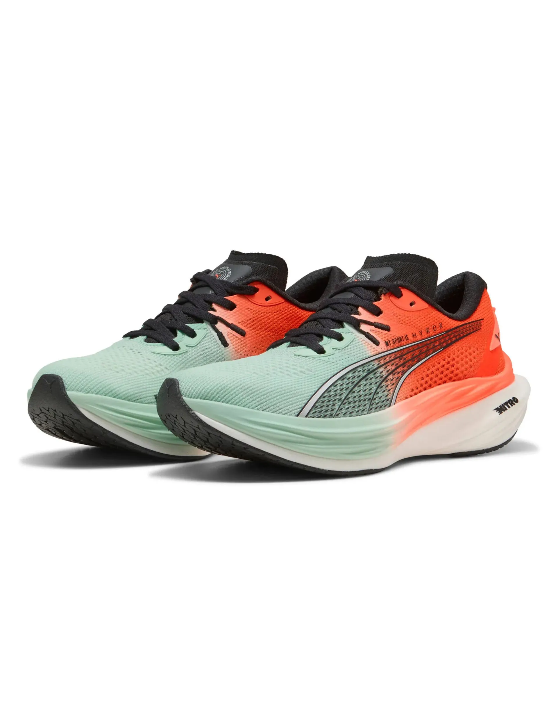 Puma x Hyrox Deviate NITRO 3 Running Shoes - Mint Melt/Glowing Red quarter - length running wear Hydrophilic
