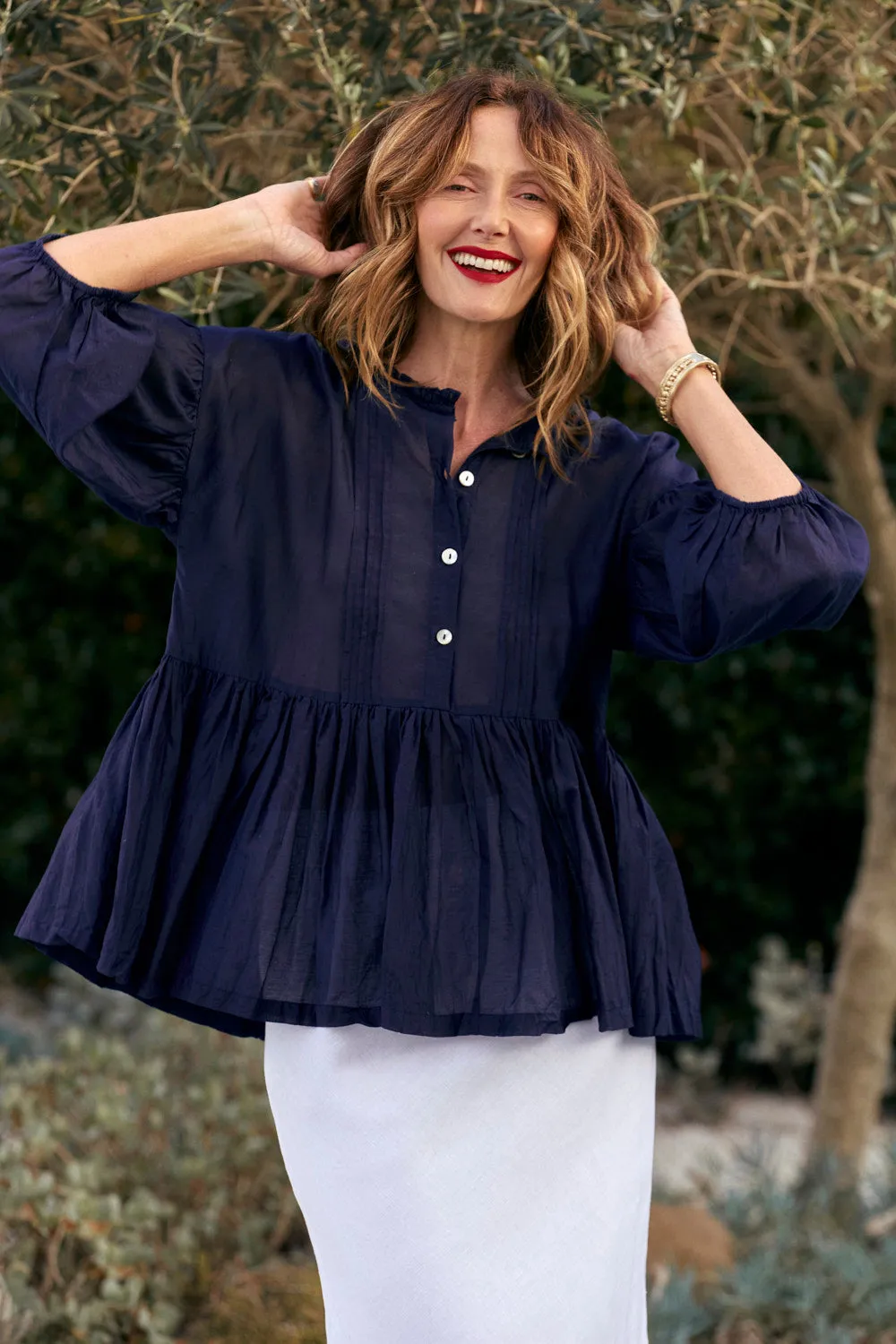 Coco Cotton Silk Blouse in Navy Smooth Jersey Texture Leisure Wear