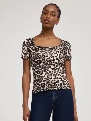 Double Layer Animal Print Square Neck T-Shirt Bold Look
